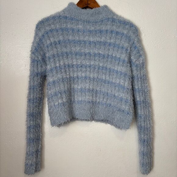 Candie's Crop Mock Neck Fuzzy Eyelash Fur Fabric Knit Sweater Blue Stripe Medium - Picture 2 of 7
